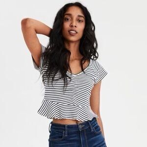 AMERICAN EAGLE Women’s Black White Striped Short Sleeve Peplum Crop Top Small